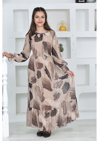 Genç Kız Pamuk Astarlı Şifon Kumaş Uzun Tam Boy Tesettür Elbise Vizon