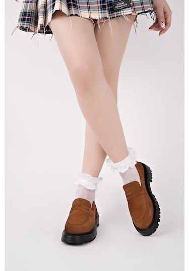 Muggo Paradise Hakiki Deri Kalın Taban Günlük Casual Makosen Kadın Loafer Ayakkabı Taba Süet