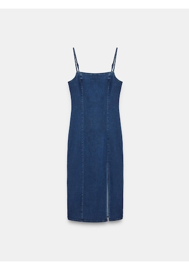 Dilvin 90584 Denim Yırtmaçlı Elbise-mavi-15321