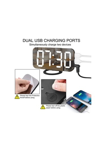 Youtek Ayna Yüzeyli Dijital Alarm Saati - Işıklı Ekran, 3 Seviye Parlaklık, Çift Usb Şarj, Uyku Modu, Otomatik Aydınlatma