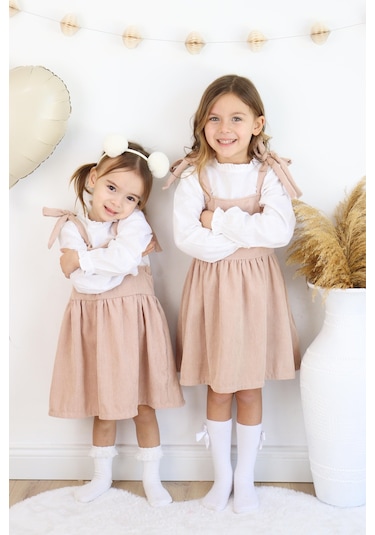 Fitilli Kadife Elbise İkili Takım Bej