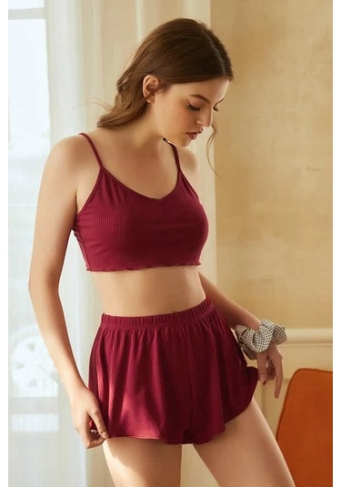 Kadın Bordo Şortlu Kaşkorse Gecelik Takım Bordo
