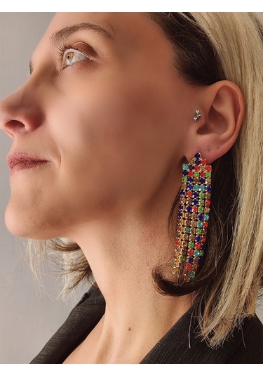 Taşlı Sallantılı Renkli Küpe