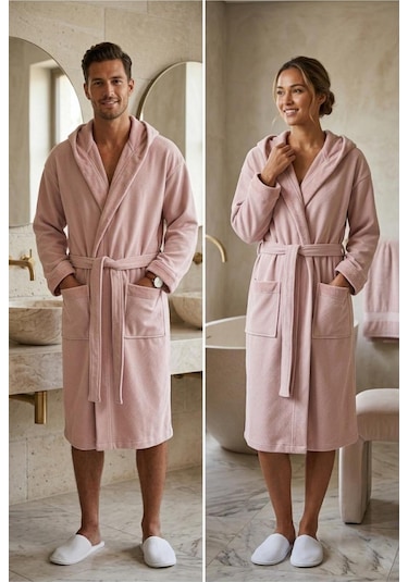 Soft Comfort Lacost Örgü Unisex Kapüşonlu Bornoz Pembe