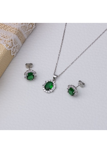 5-8 Mm Yeşil Oval Zirkon Taşlı 925 Ayar Gümüş Kadın 2'li Set Gümüş