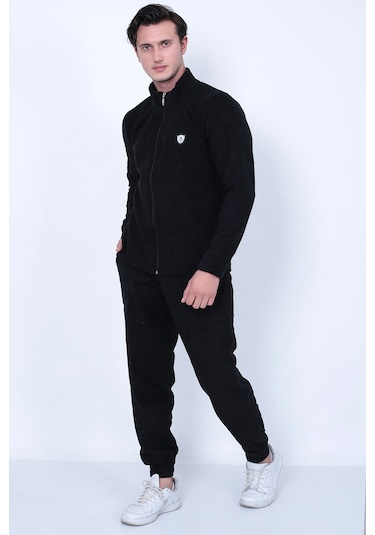 Lukitus Tam Fermuarlı Polar Erkek Eşofman Takımı - Siyah
