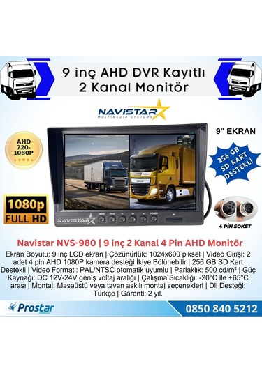 Kayıtlı 9 İnç İkiye Bölen 2 Kanal Split Ahd 1080p/720p Destekli 4 Pin 256 Gb Sd Destekli Monitör