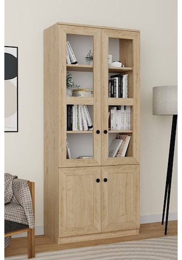 Lisa 4 Kapaklı Safir Meşe Vitrin -kitaplık Ve Çok Amaçlı Dolap Safir Meşe