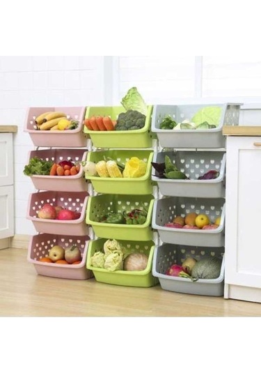 Pazly Bej Dayanıklı Depolama Organizatörü, İstiflenebilir Mutfak Ve Kiler İçin Meyve-sebze Sepeti Bej