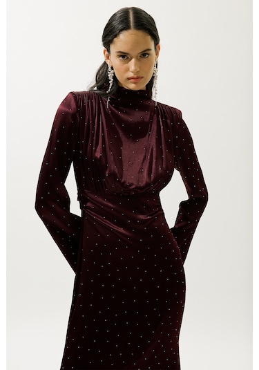 Mıla Taşlı Abiye Elbise Bordo Bordo