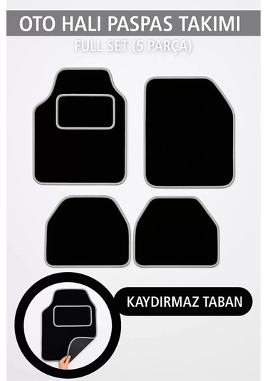 5 Parça Universal Topuk Destekli Oto Halı Paspas Takımı Kenar Renk Gri