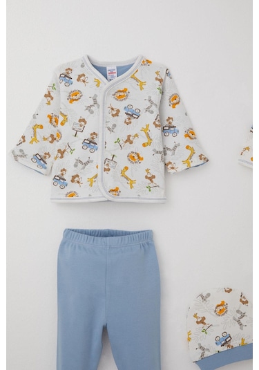 Breeze Erkek Bebek Hastane Çıkışı 8 Li Safari Macerası Sevimli Hayvancıklar Desenli 0-3 Ay, Ekru Ekru