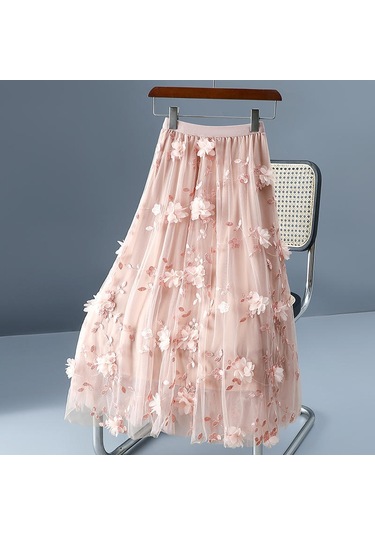 Lüks Kadın Etekler Kore Tarzı Moda Elastik Bel Aplikler Nakış Çiçek Örgü Etek Uzun Gazlı Bez Balo Etek Pembe