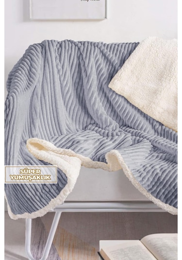 Sherpa Battaniye Çift Kişilik Çizgili Yumuşak Peluş Wellsoft Yatak Örtüsü Gri