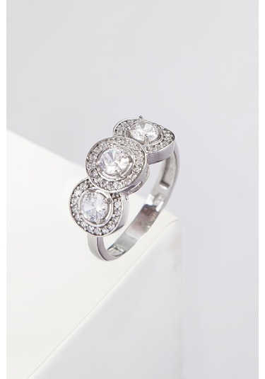 Rodyumlu 3 Sıra Zirkon Taşlı 925 Ayar Gümüş Bayan Yüzük -7967