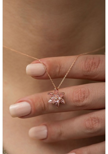 Ervanur Kadın Rose Altın Kaplama Taşlı Lotus Çiçeği Kolye Pembe