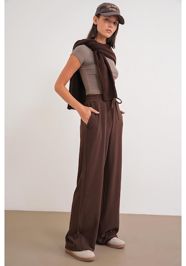 4757 Kadın Lastikli Bol Paça Örme Dökümlü Selanik Pantalon Kahve Kahve