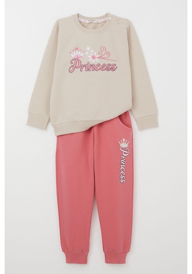 Breeze Kız Bebek Eşofman Takım Prenses Yazı Nakışlı 9 Ay-3 Yaş, Bej Bej