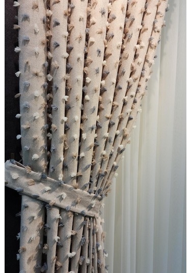 Pastel Püsküllü Fon Perde Bej Renk - Modern Ve Neşeli Tasarım Bej