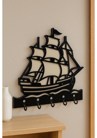 Gemi Figürlü Duvar Anahtarlık Askısı Siyah - Beyaz