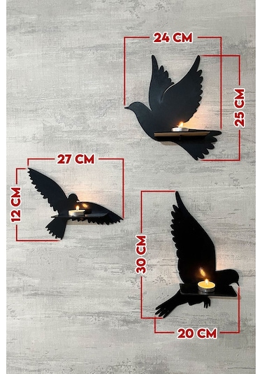 Dekoratif Kuş Duvar Rafı 3 Lü Set 30 Cm Duvar Mumluğu Siyah