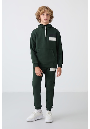 Tommy Life Çam Yeşil Pamuklu Kalın İçi Tüylü Yumuşak Dokulu Standart Fit Baskılı Erkek Çocuk Eşofman Takım - 1 Yeşil
