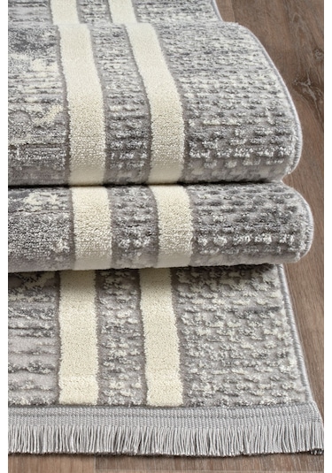 %100 Akrilik Sık Dokuma Şerit Krem - Gri Parlak İplik Makine Mutfak Koridor Salon Yatak Odası Halı