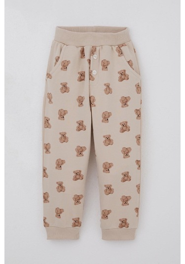 Breeze Erkek Bebek Eşofman Takımı Sevimli Ayıcık Desenli Pantolonu Düğme Aksesuarlı 9 Ay-3 Yaş, Bej Bej