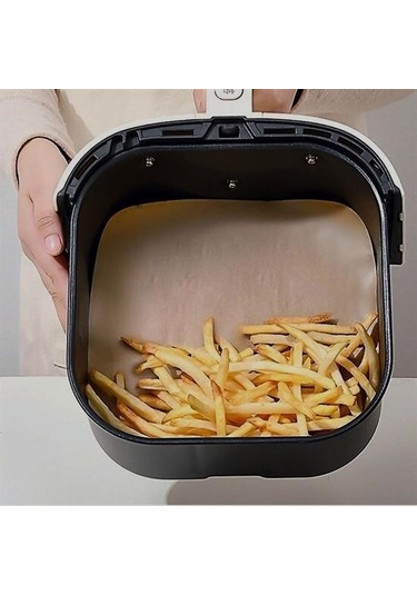 9055817132407drvs1 - 50 Adet Air Fryer Pişirme Kağıdı Tek Kullanımlık Yağ Su Geçirmez Yapışmaz Deliksiz Düz Kare Model