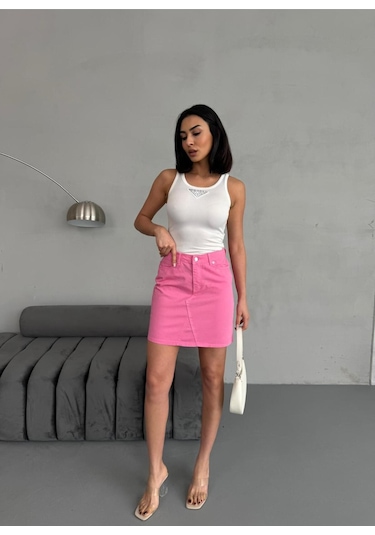 Zeo Basic Dikiş Detaylı Mini Pink Etek Pembe