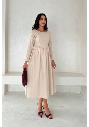 Neşeli Butik Kadın Sırt Dekolteli Uzun Kollu Midi Elbise Nbk4311 Bej