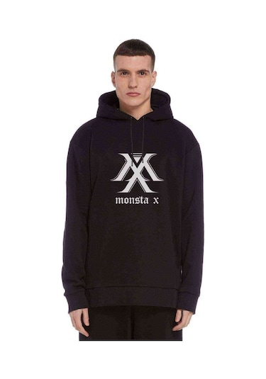 Monsta X Logo Baskılı Siyah Erkek Örme Kapşonlu Sweatshirt