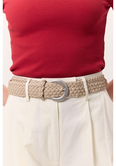 Örgü Deri Tokalı Kemer Bej Bej