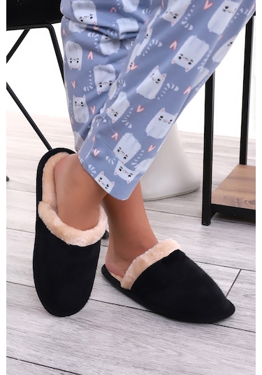 Wordex U050 Unisex Kışlık Ev İçi Terliği Kürklü Yünlü Terlik Siyah