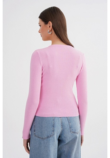 6931 Kadın Düğmeli Fitilli Triko Hırka Pembe Pembe