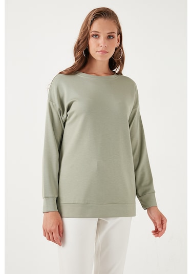 Lela Streç Oversize Fit Bisiklet Yaka Modal Kumaş Bayan Sweat 5865877 Olive
