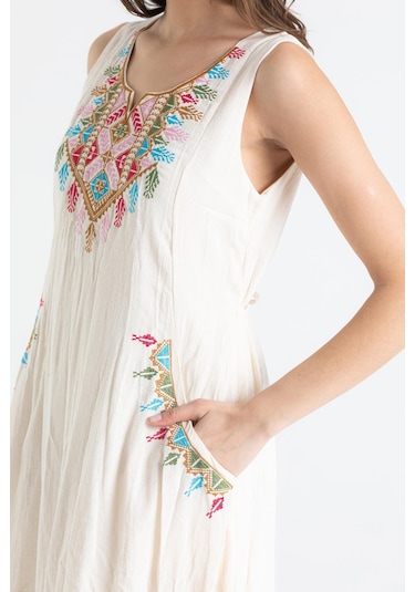 Kolsuz Şile Bezi Antik Nakışlı Midi Boy Elbise Krem Krm-krem