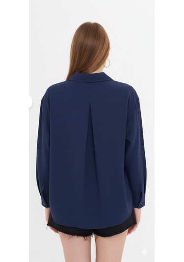 Kadın Oversize Basic Cepli Müslin Gömlek Lacivert