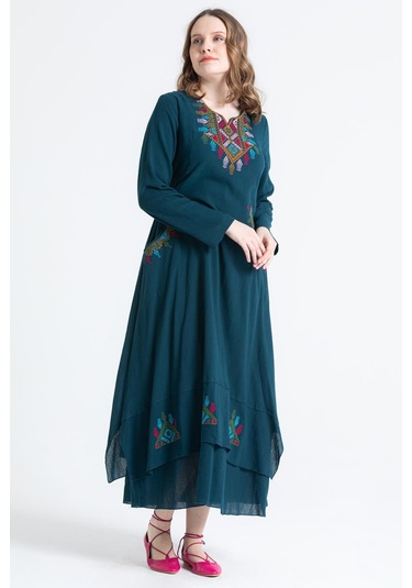 Uzun Kol Şile Bezi Nakışlı Antik Uzun Elbise Petrol Ptrl-petrol Petrol