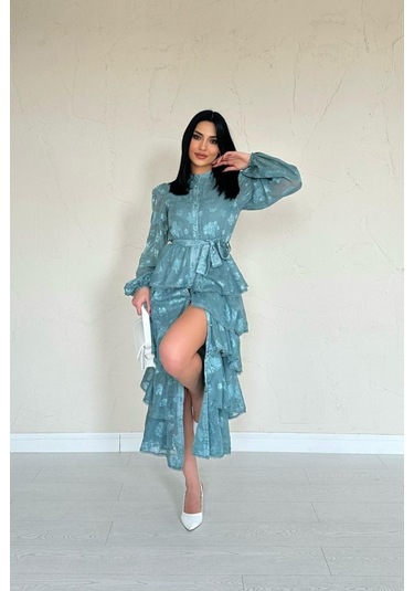 The İstanbul Mint Valonlu Şeritli Kat Kat Elbise Mint