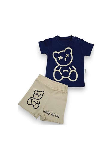Ayıcık Desenli Erkek Bebek Şortlu Takım Lacivert