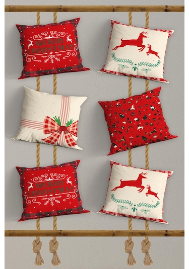 Belle Benoit Yılbaşı Baskılı Dekoratif 6'lı Koltuk Kırlent Kılıfı Kırmızı - Beyaz