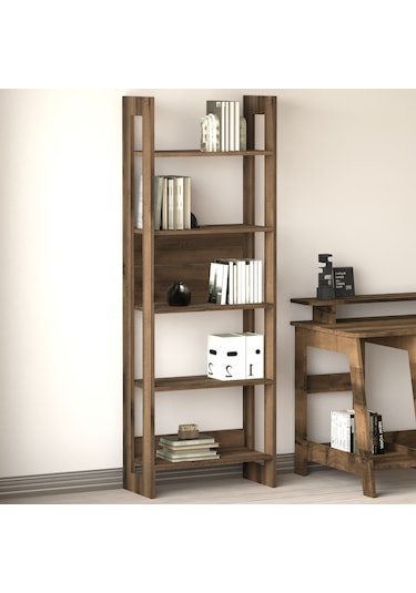 Country Dekoratif 5 Raflı Ev-ofis Kitaplık, Modern Kütüphane - Antik Ceviz