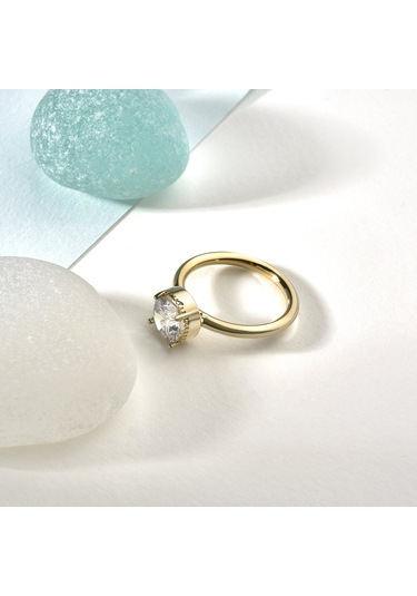 14 Ayar Altın Kaplama Yuvarlak Kesim Tektaş Gümüş Yüzük - Rs00103 Altın