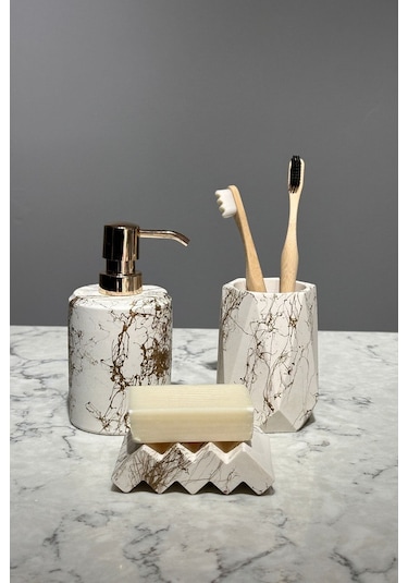 Betonmall Premium Seri Gold Detay Beton Sıvı Sabunluk Ve Diş Fırçalık Set Beyaz Altın Spreyli Beyaz - Altın