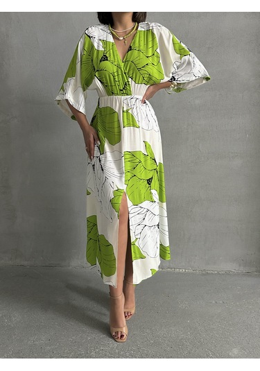 Kadın Kruvaze Yaka Yırtmaçlı Uzun Yazlık Elbise Yeşil - Beyaz