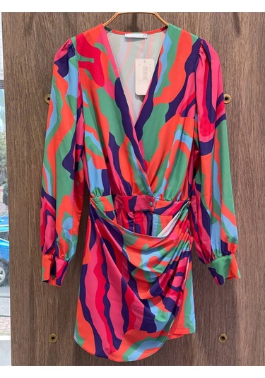 Rengarenk Pastel Renkler Önden Bağlamalı Düğmeli Yakalı Uzun Kol Baharlık Elbise