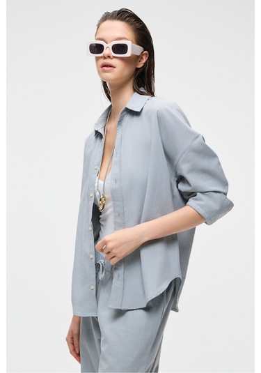 VESTA Kadın %100 Pamuk Keten Görünümlü Flamlı Oversize Gri Gömlek