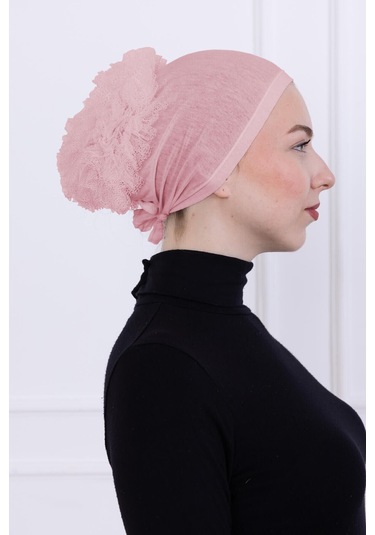 Fırfırlı Önden Dikişli Penye Bone - Kadın Tesettür Bağlamalı Topuz İç Bone-pembe Pembe