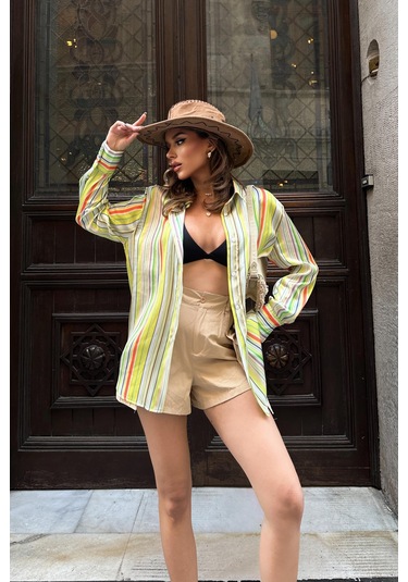 Kadın Sarı Çizgili Saten Dokuma Kısa Gömlek Sarı